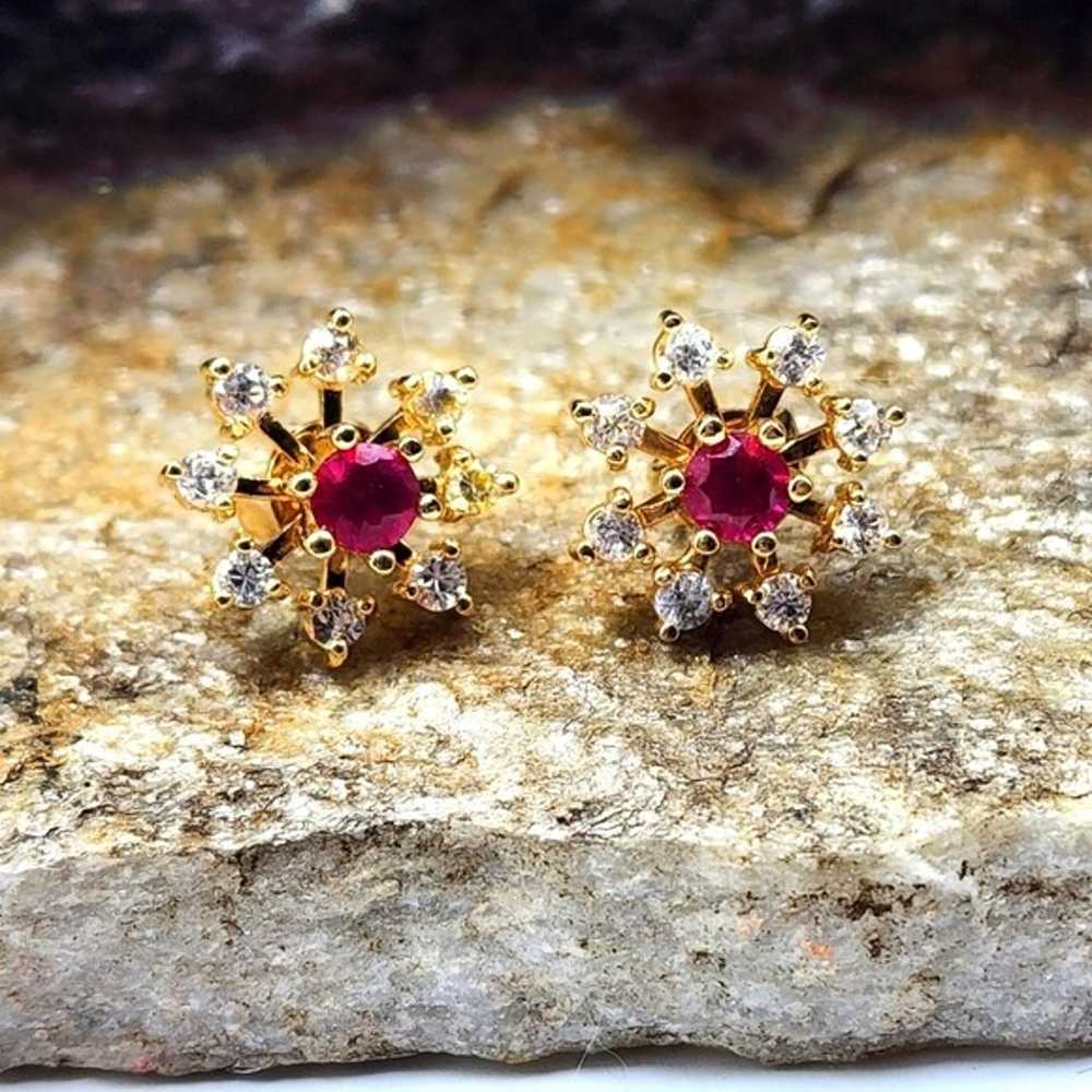 90's CZ Lab Created Ruby Earrings Pierced Gold To… - image 1