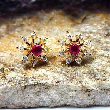 90's CZ Lab Created Ruby Earrings Pierced Gold To… - image 1