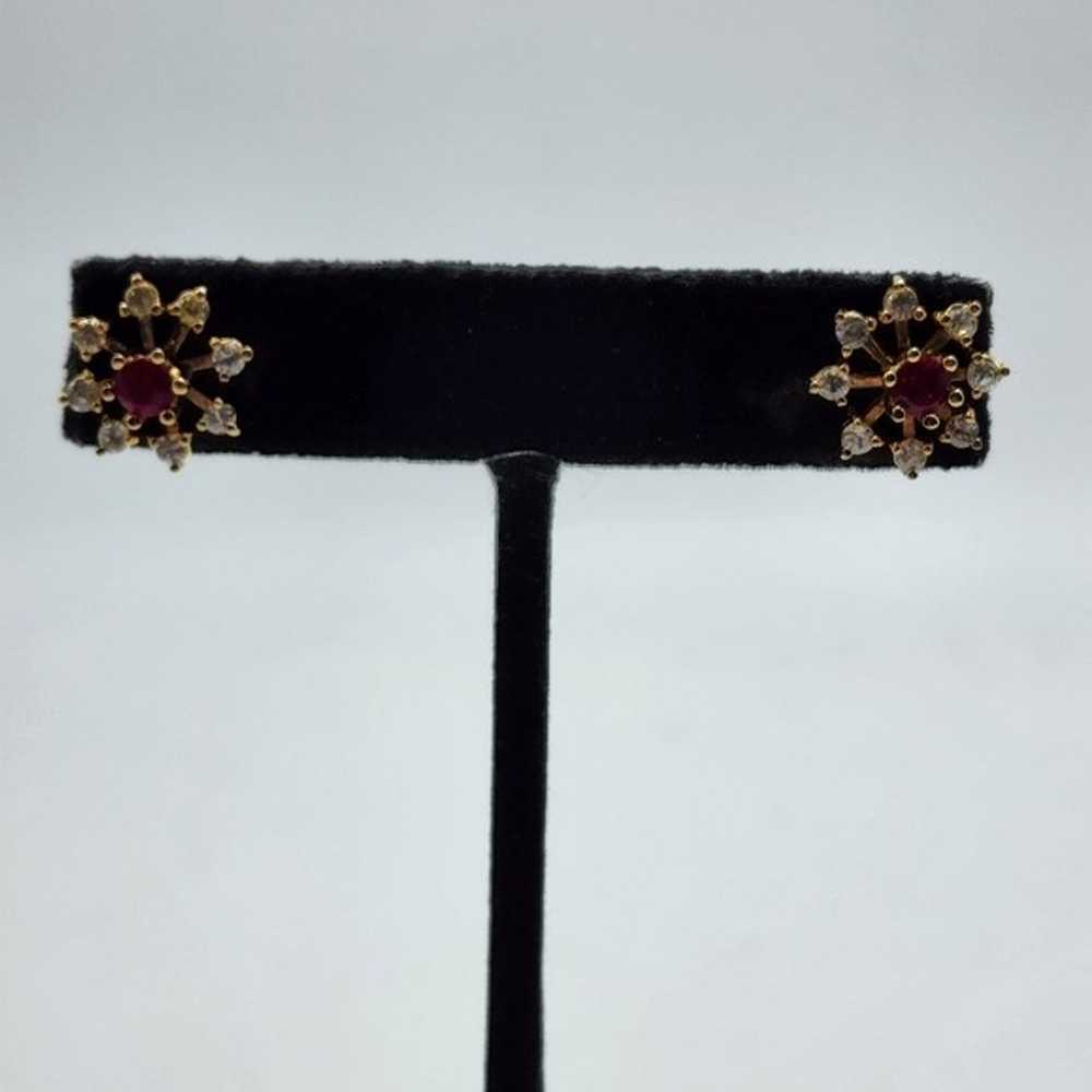 90's CZ Lab Created Ruby Earrings Pierced Gold To… - image 3