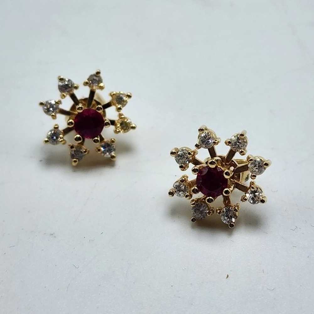 90's CZ Lab Created Ruby Earrings Pierced Gold To… - image 4