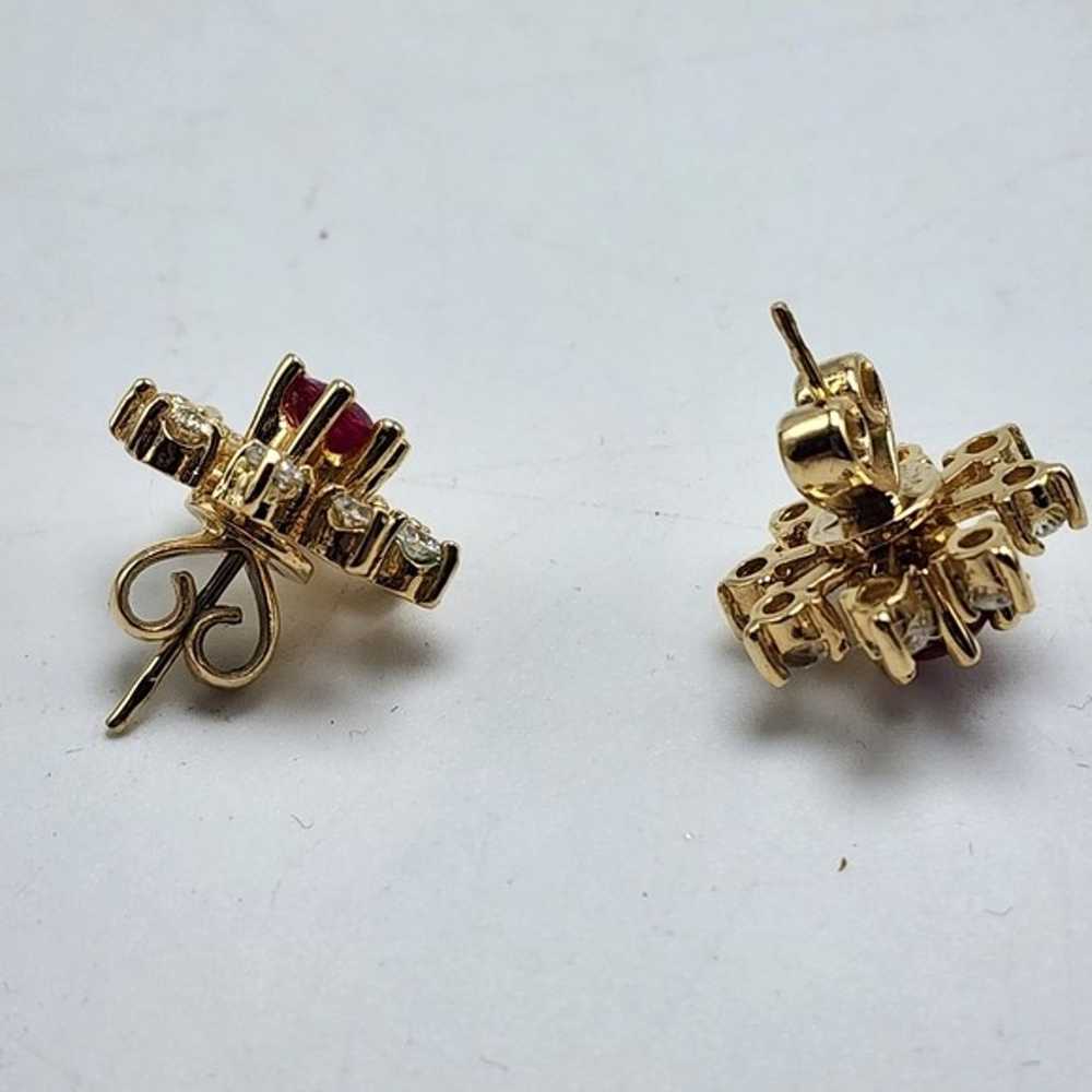 90's CZ Lab Created Ruby Earrings Pierced Gold To… - image 5