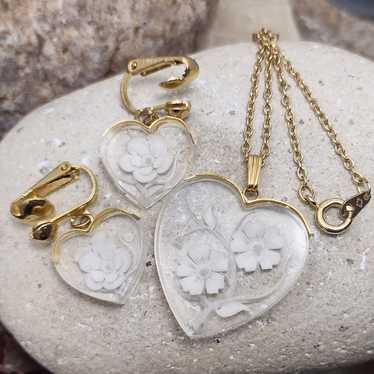 Vintage Reverse Carved Lucite Flower Heart Neckla… - image 1