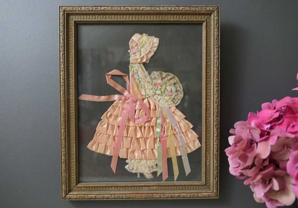 Vintage Peach Satin Ribbon Doll with Big Skirt 19… - image 2