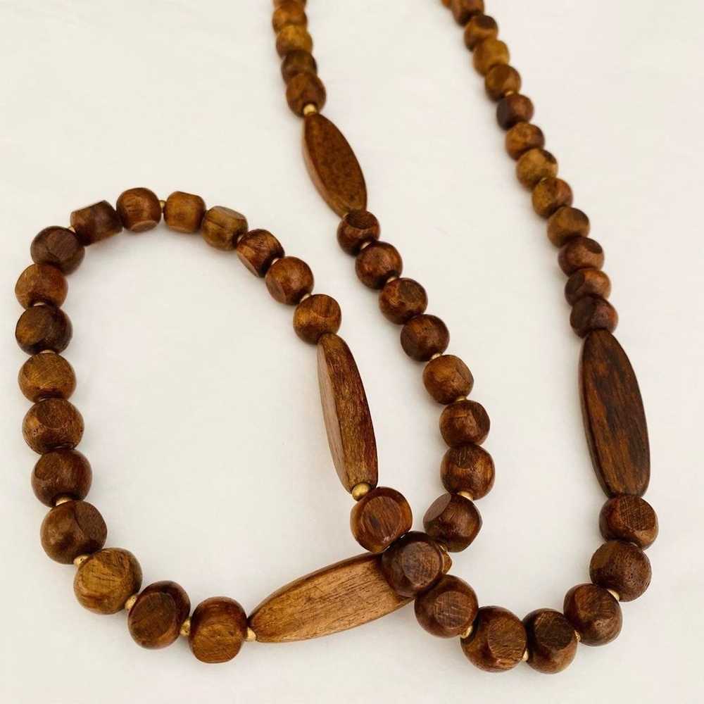 VTG Long Beaded Wood Necklace - Beaded Necklace -… - image 1