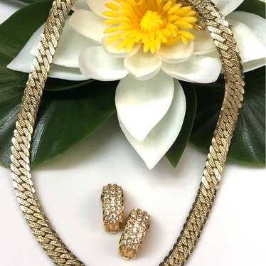 Vintage Chevron Gold Plated Crystal Necklace & Cl… - image 1