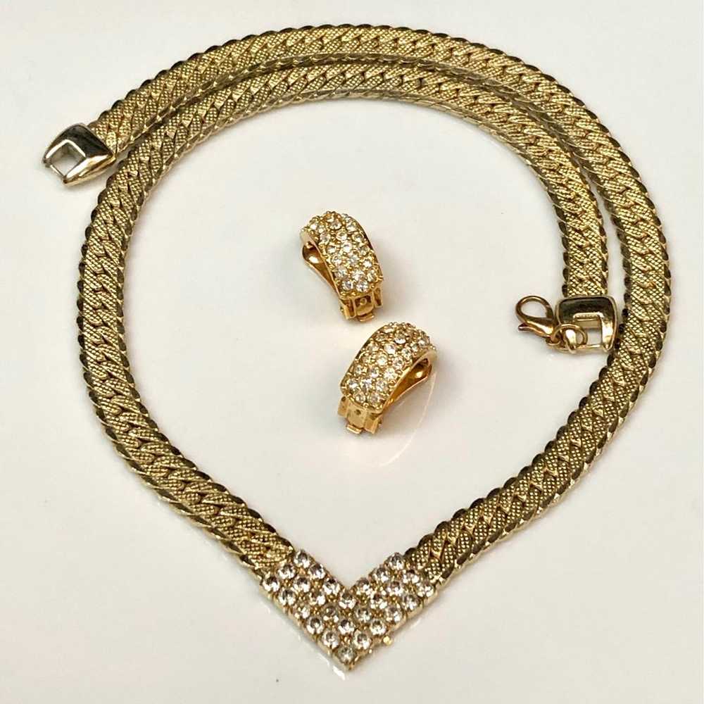 Vintage Chevron Gold Plated Crystal Necklace & Cl… - image 2