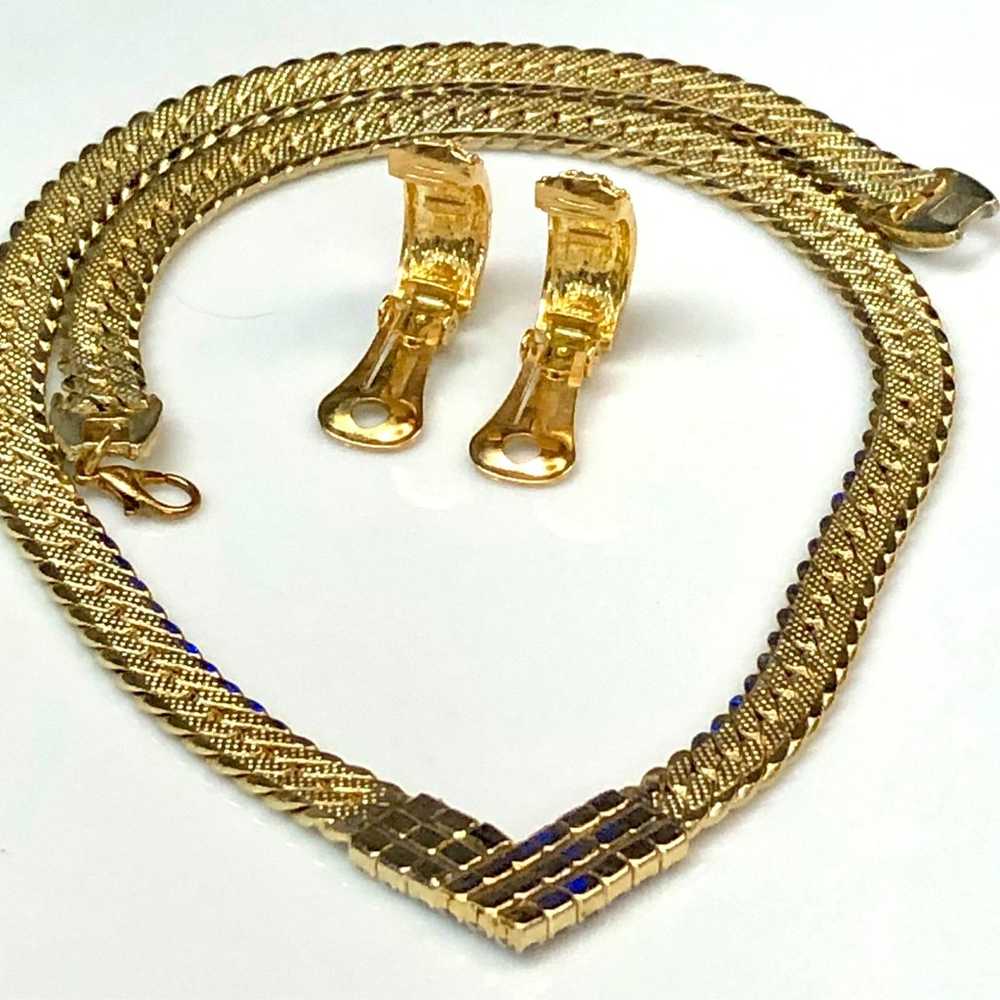 Vintage Chevron Gold Plated Crystal Necklace & Cl… - image 6