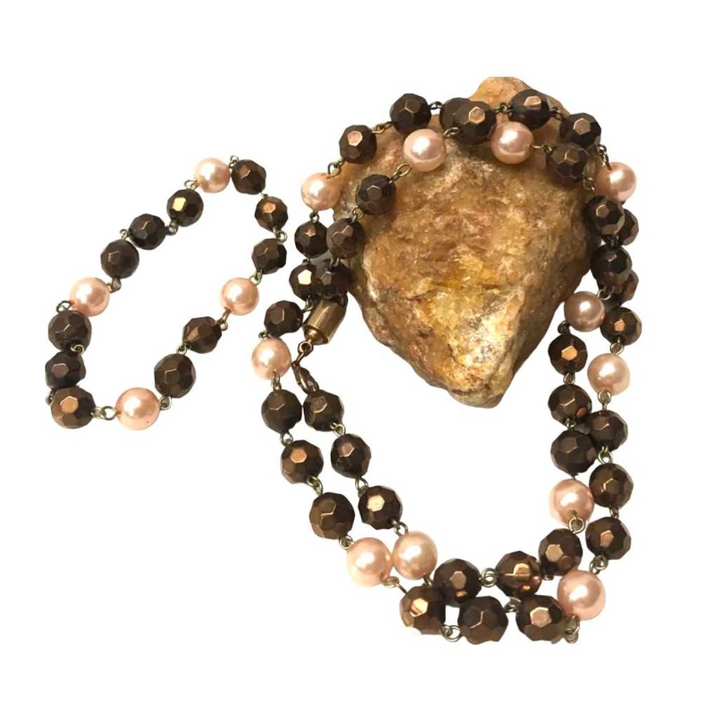 Vintage Brown Glass Crystals with Pink Pearl Neck… - image 2