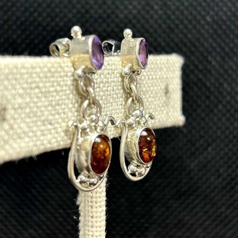 Sterling Silver 925 Amber & Amethyst Dangle Earri… - image 12