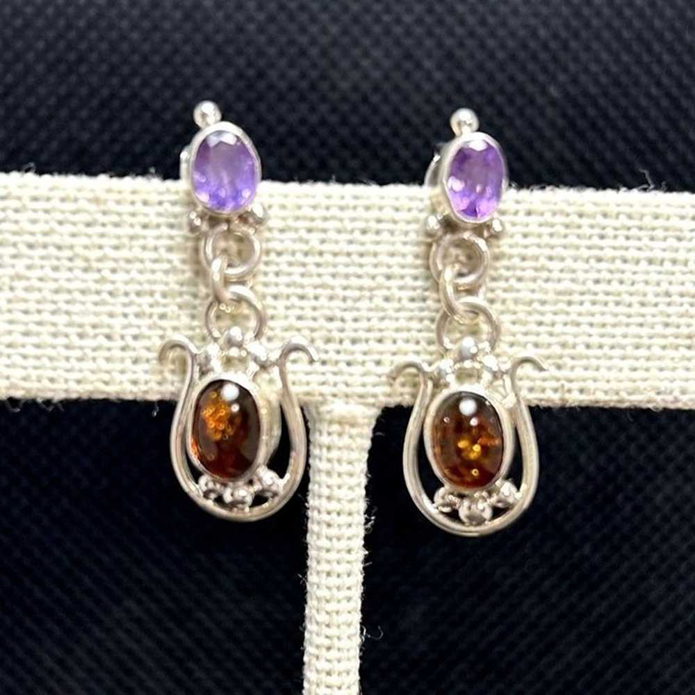 Sterling Silver 925 Amber & Amethyst Dangle Earri… - image 1