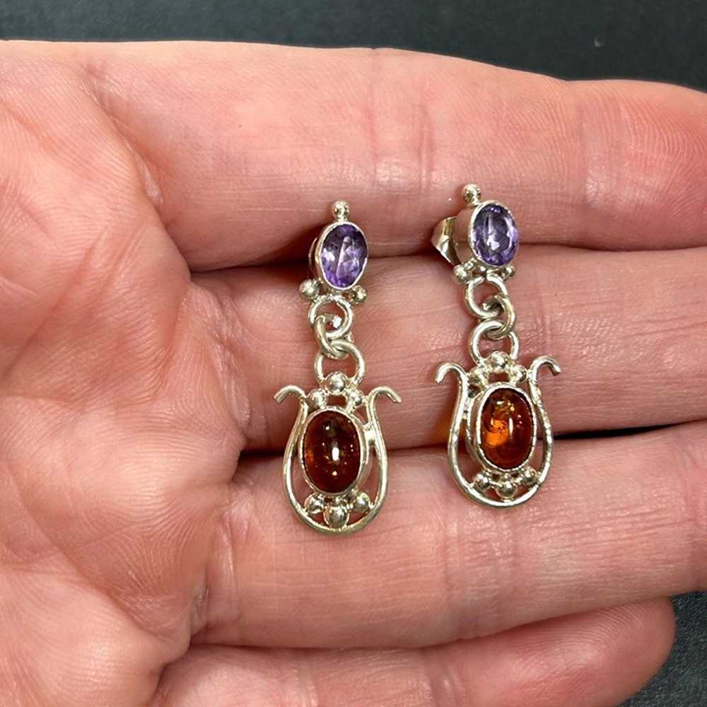 Sterling Silver 925 Amber & Amethyst Dangle Earri… - image 2