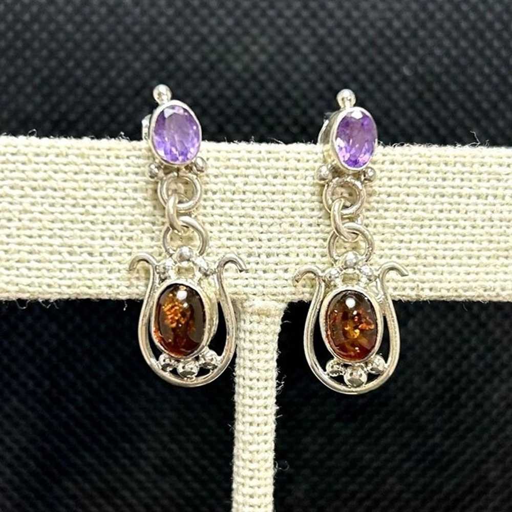 Sterling Silver 925 Amber & Amethyst Dangle Earri… - image 3