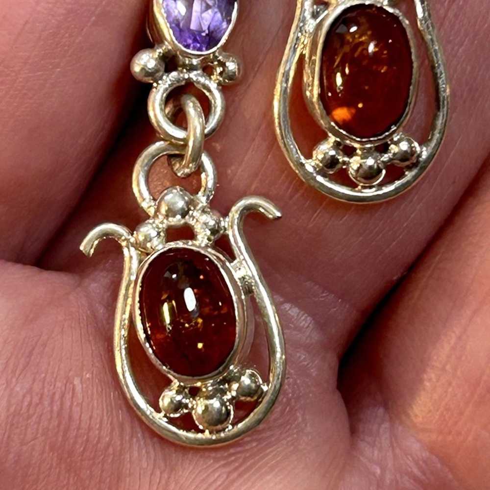 Sterling Silver 925 Amber & Amethyst Dangle Earri… - image 8