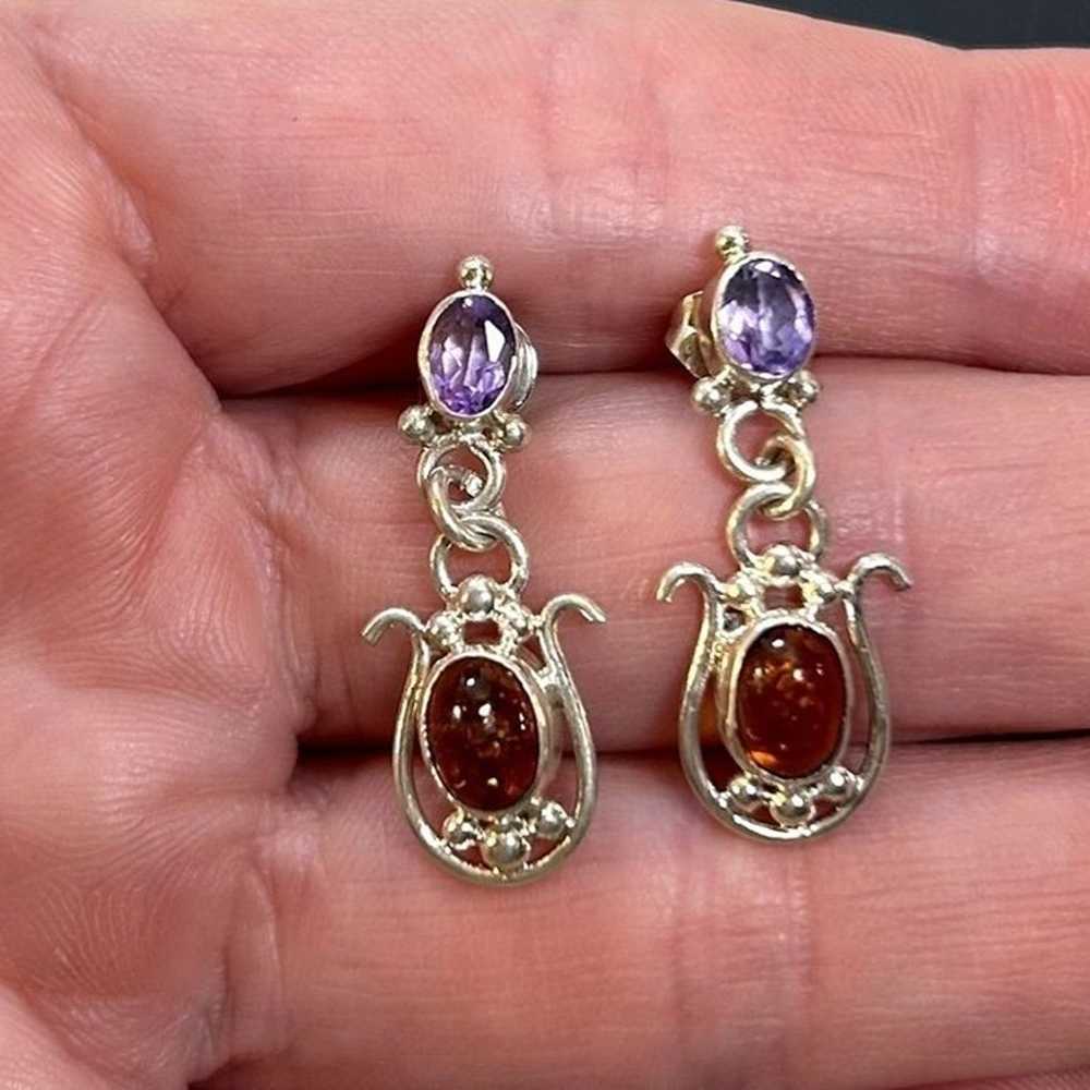 Sterling Silver 925 Amber & Amethyst Dangle Earri… - image 9