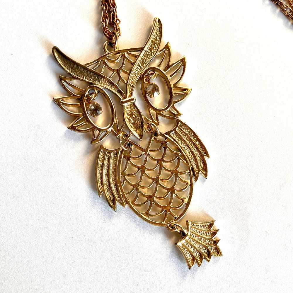 Vintage 70s Large Moving Owl Necklace with Crysta… - image 2