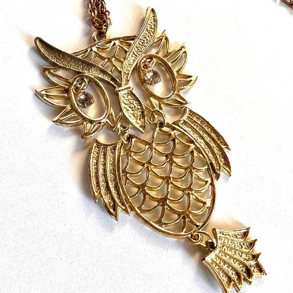 Vintage 70s Large Moving Owl Necklace with Crysta… - image 3