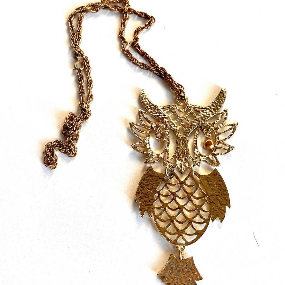 Vintage 70s Large Moving Owl Necklace with Crysta… - image 4