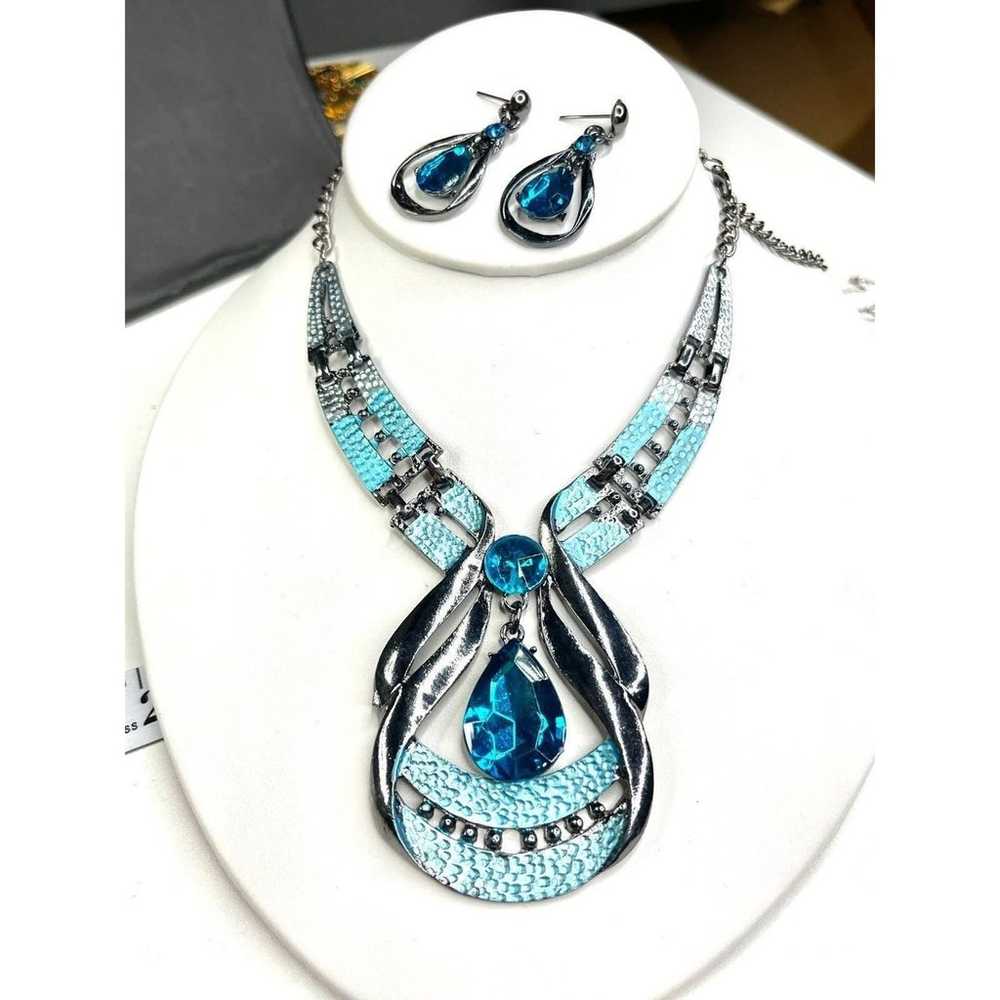 NEW Aqua Blue Rhinestone Turquoise Enamel Necklac… - image 2