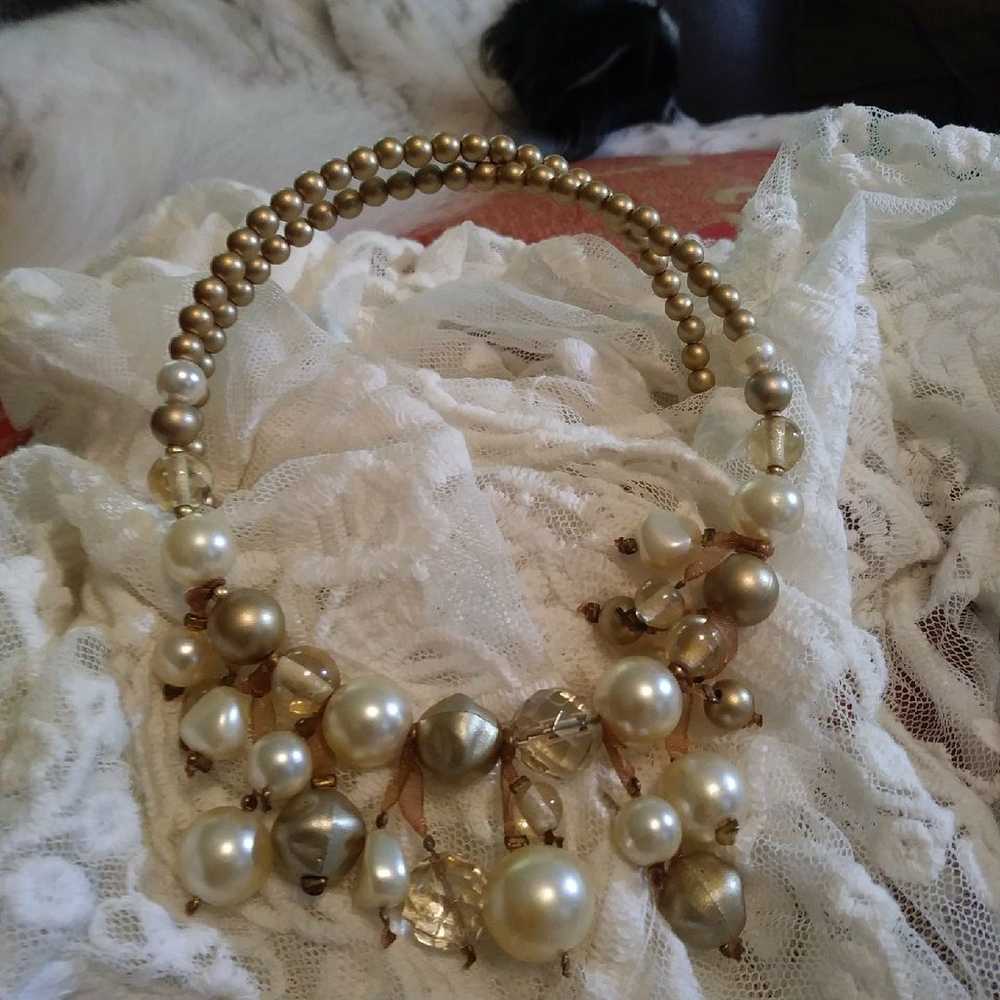 Vintage Gold And Pearls Dangle Choker - image 1