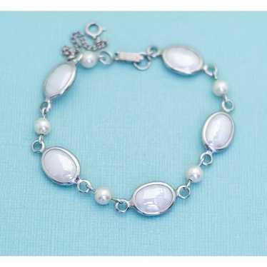 Vintage White Glass Beads Silver Tone Bracelet by… - image 1