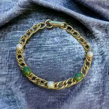 Vintage Jade and pearl curb link bracelet - image 1