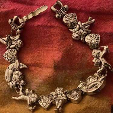 Silvertone  Rhinestone  Cherubs and Hearts Bracel… - image 1