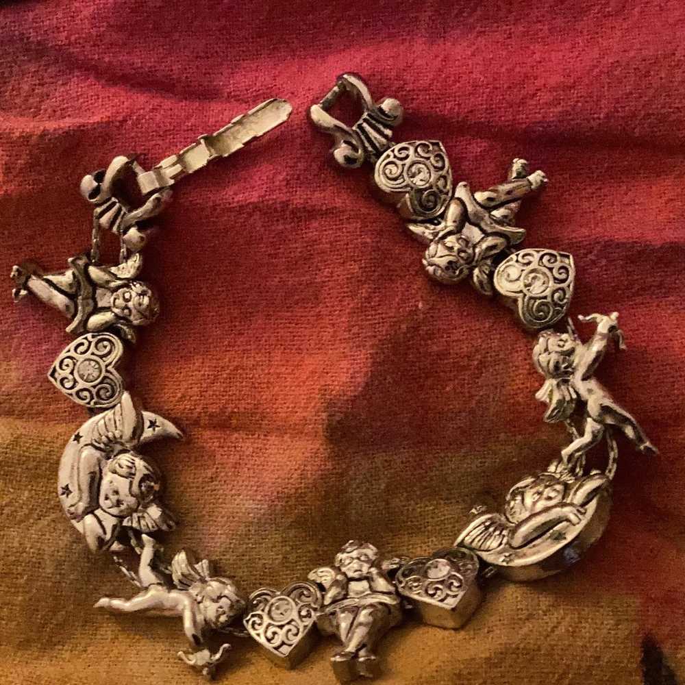 Silvertone  Rhinestone  Cherubs and Hearts Bracel… - image 2