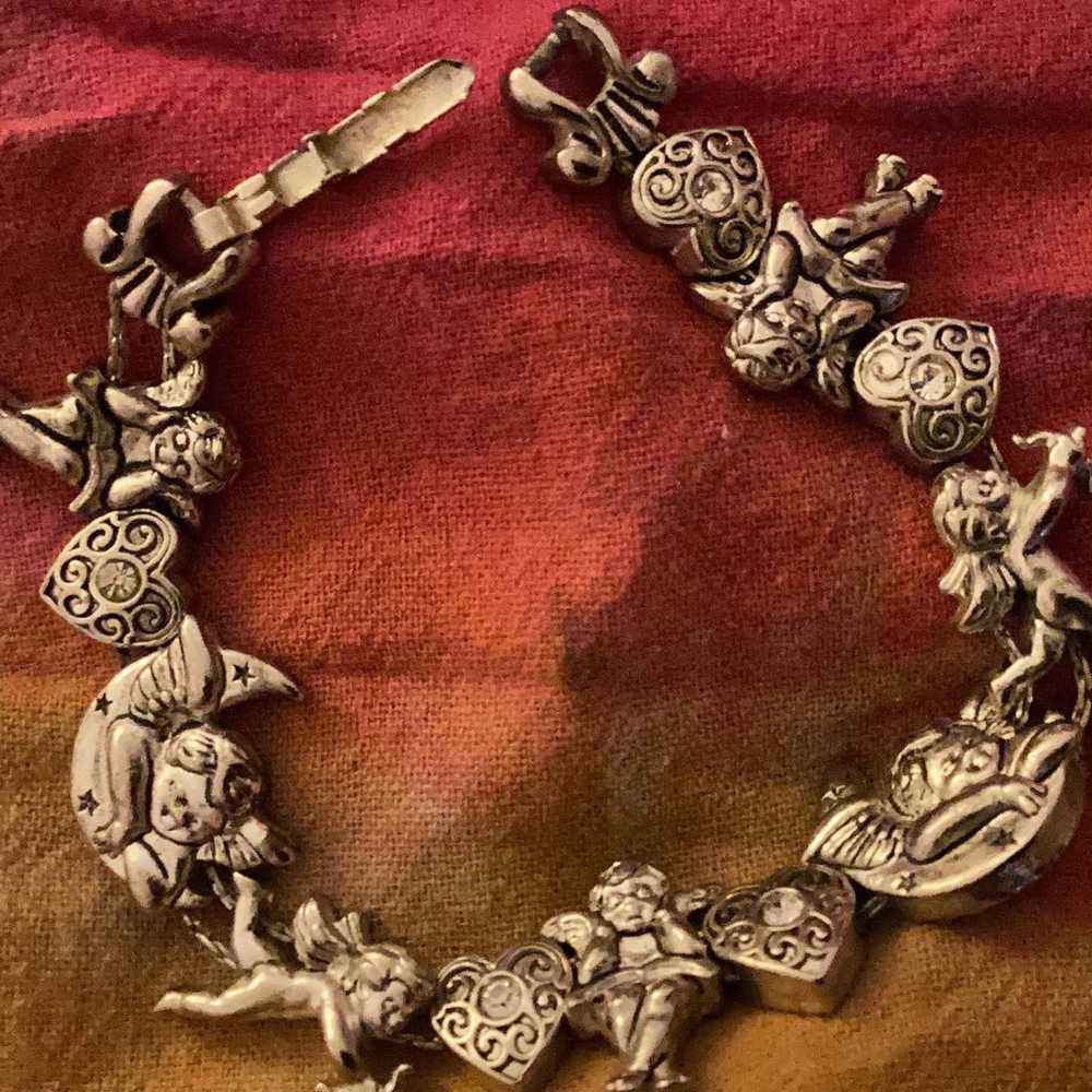 Silvertone  Rhinestone  Cherubs and Hearts Bracel… - image 3