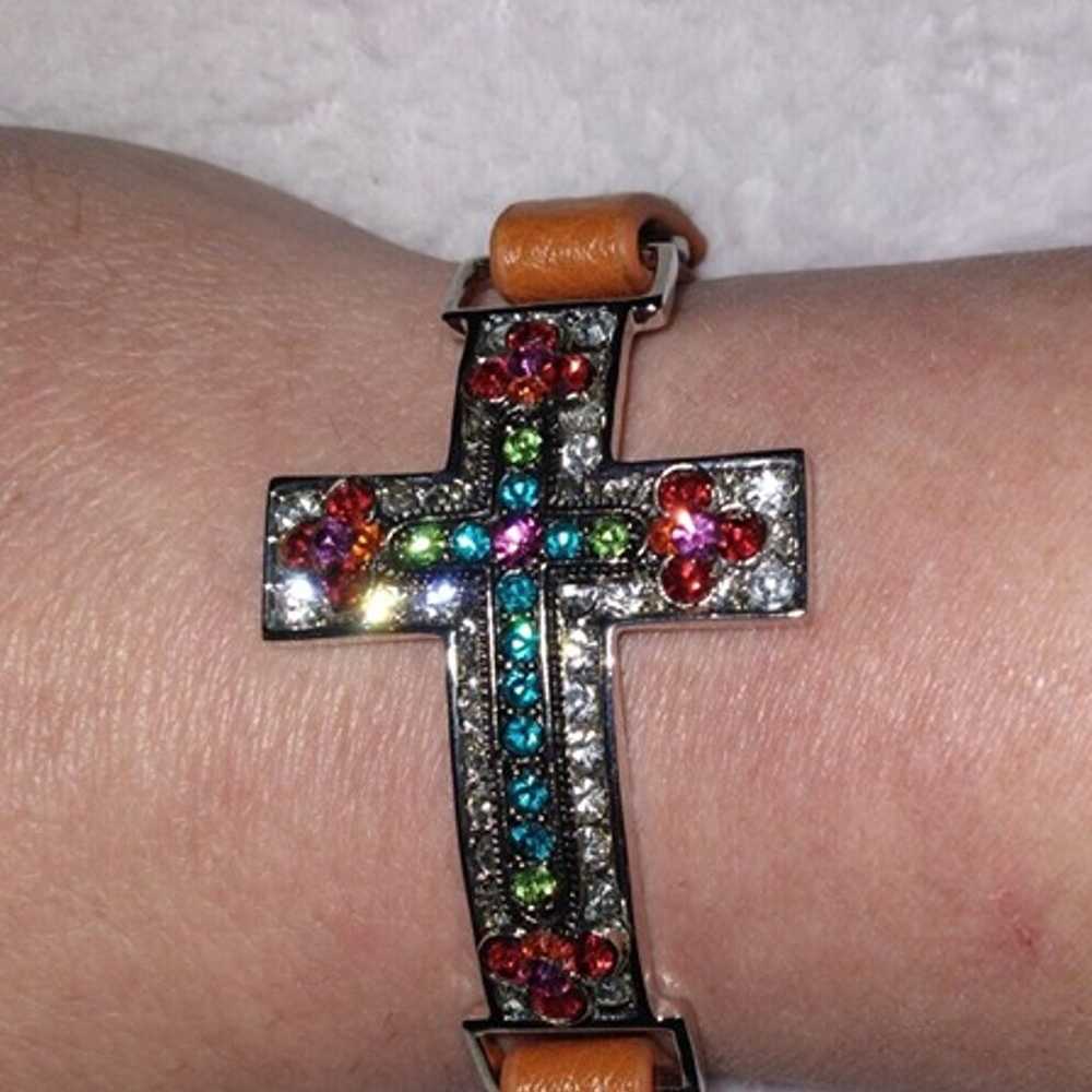 Yik Fung Leather Rhinestone Cross Bracelet with I… - image 10