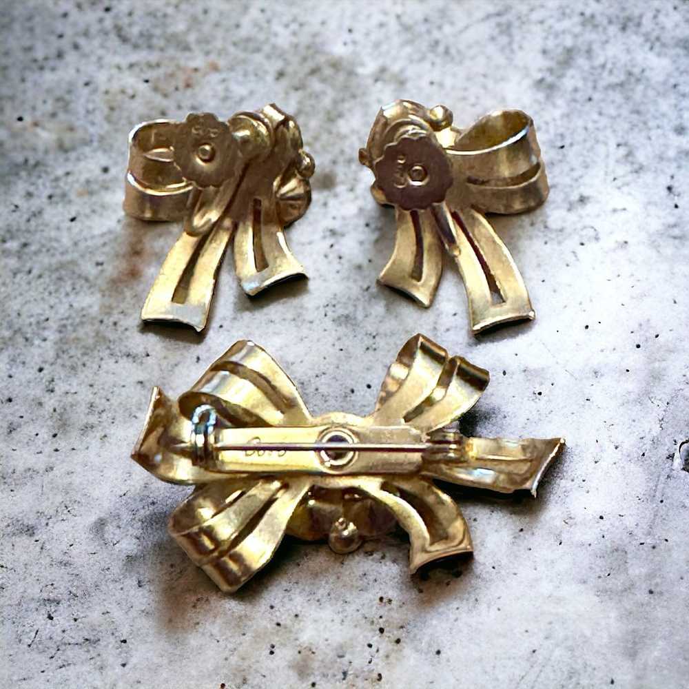 CORO Vintage Gold Bow Earrings and Brooch/Pin Set - image 2