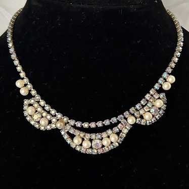 Vintage AB Rhinestone and Pearl Collar Necklace - image 1