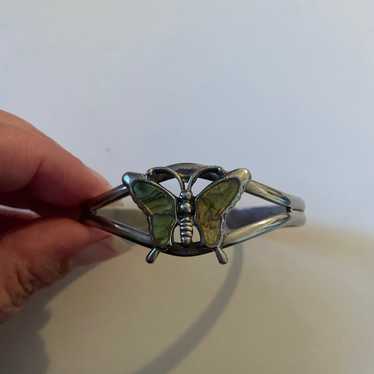 Vintage silver abalone paua shell butterfly cuff … - image 1