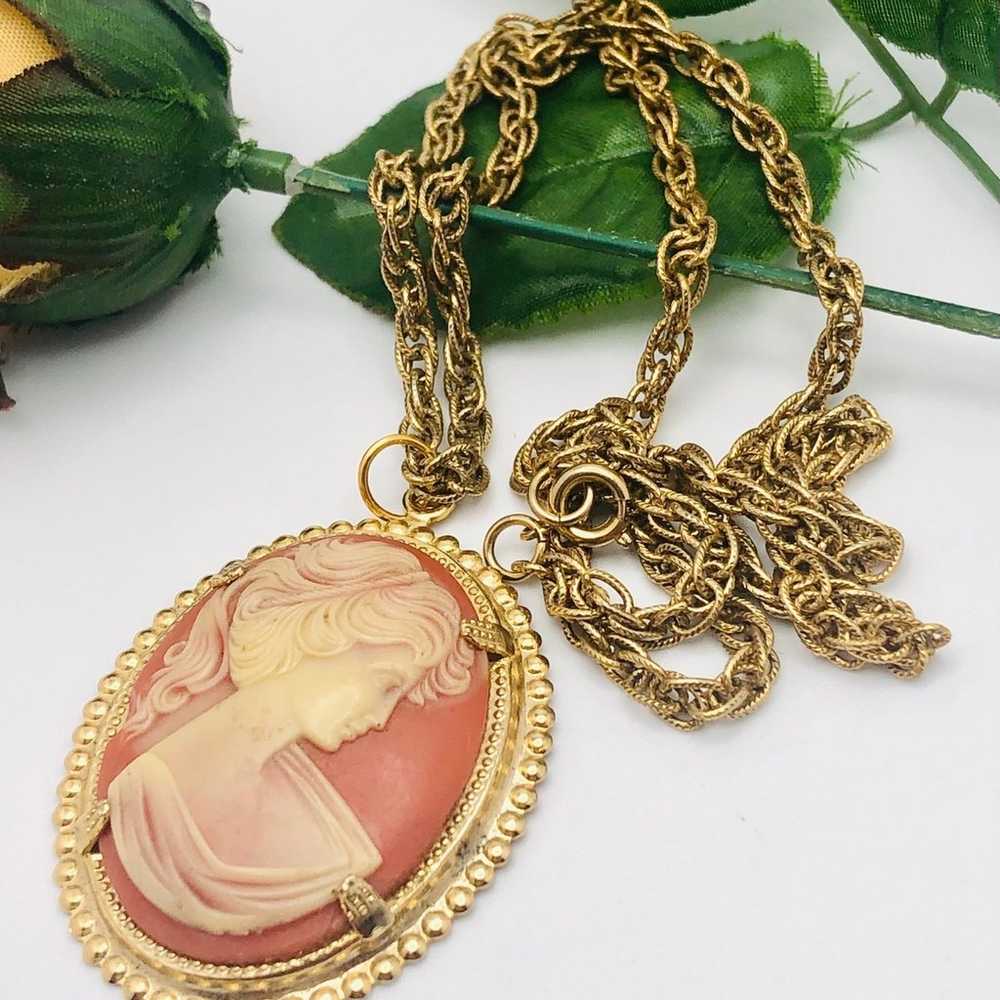 Vintage Carved Cameo Gold Tone Necklace - image 1