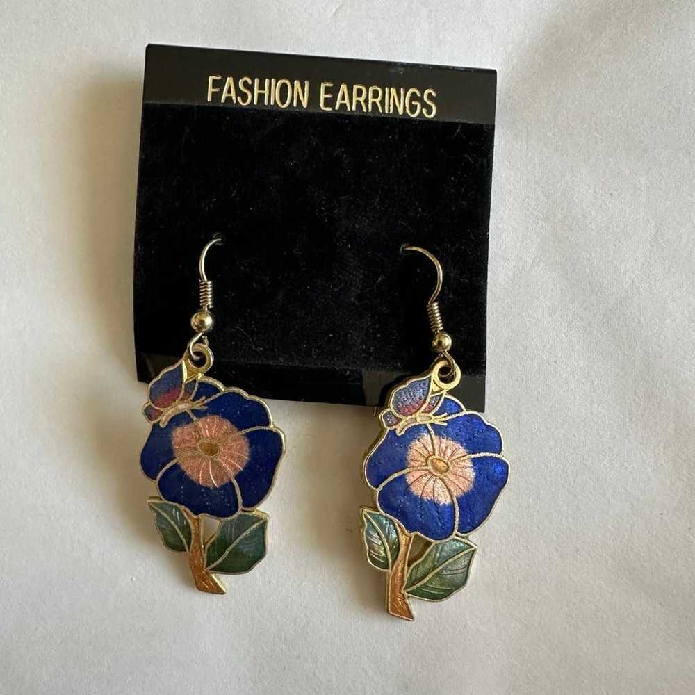 Vintage cloisonné flower earrings - image 1