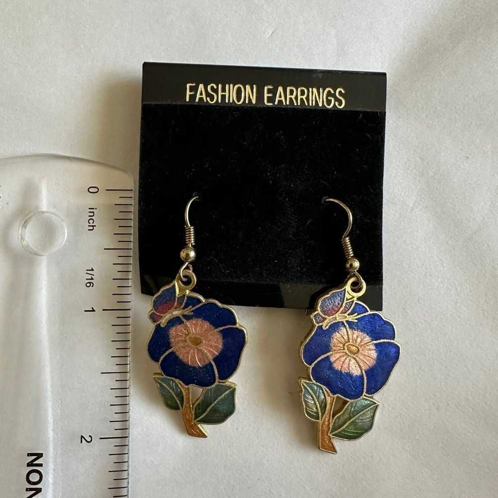 Vintage cloisonné flower earrings - image 3