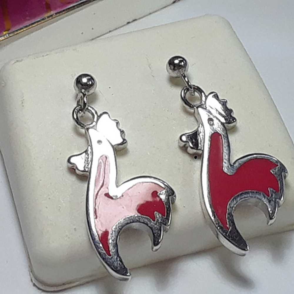 Estate 2 Sided Roosters with Red Enamel Sterling … - image 2