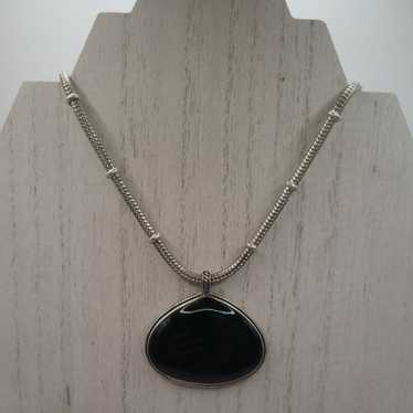 Vintage KC Signed Necklace Black Glass Pendant, B… - image 1