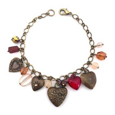 Vtg Heart Charm Bracelet Beads Brass