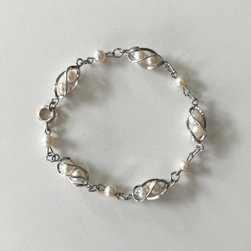 Vintage Sterling Silver + Faux Pearl Bracelet - image 1