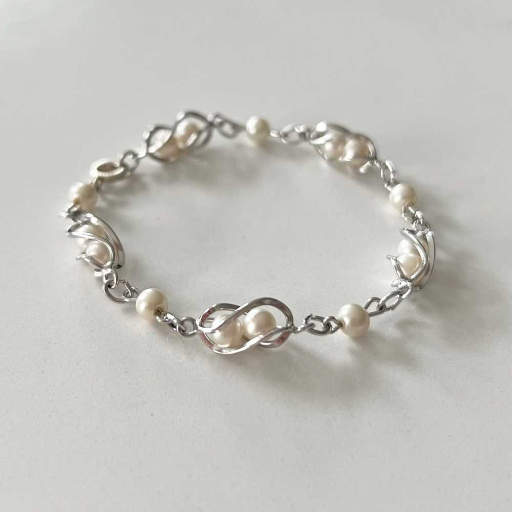 Vintage Sterling Silver + Faux Pearl Bracelet - image 2