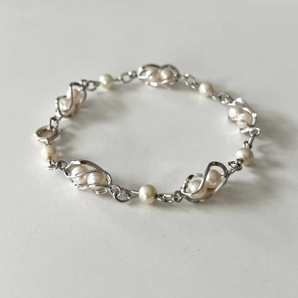 Vintage Sterling Silver + Faux Pearl Bracelet - image 3