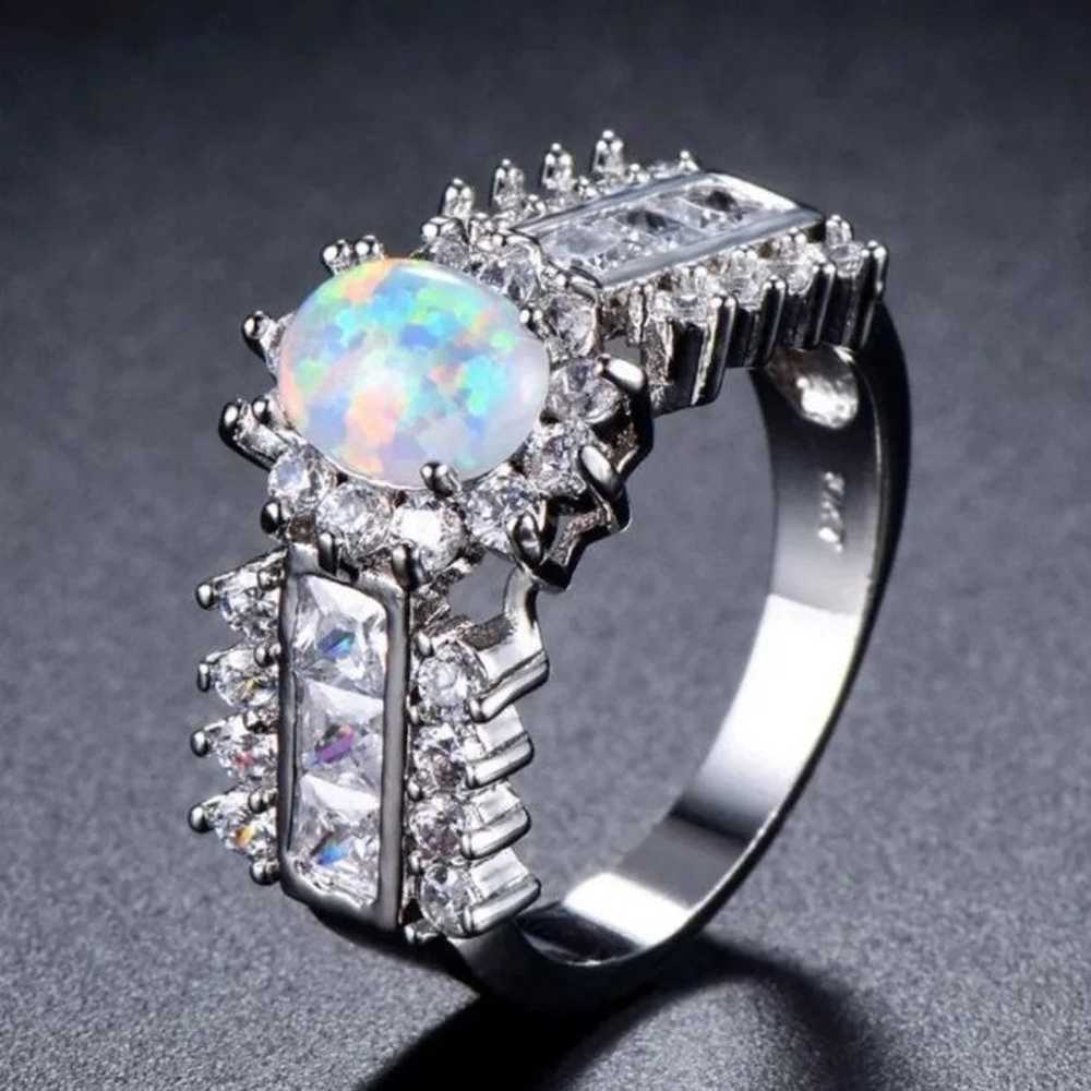 10KT white gold fire Opal birthstone Rin - image 3