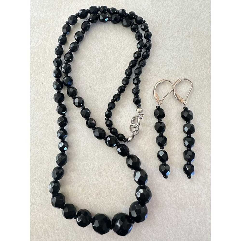 Antique Art Deco black faceted Czech glass beaded… - image 1