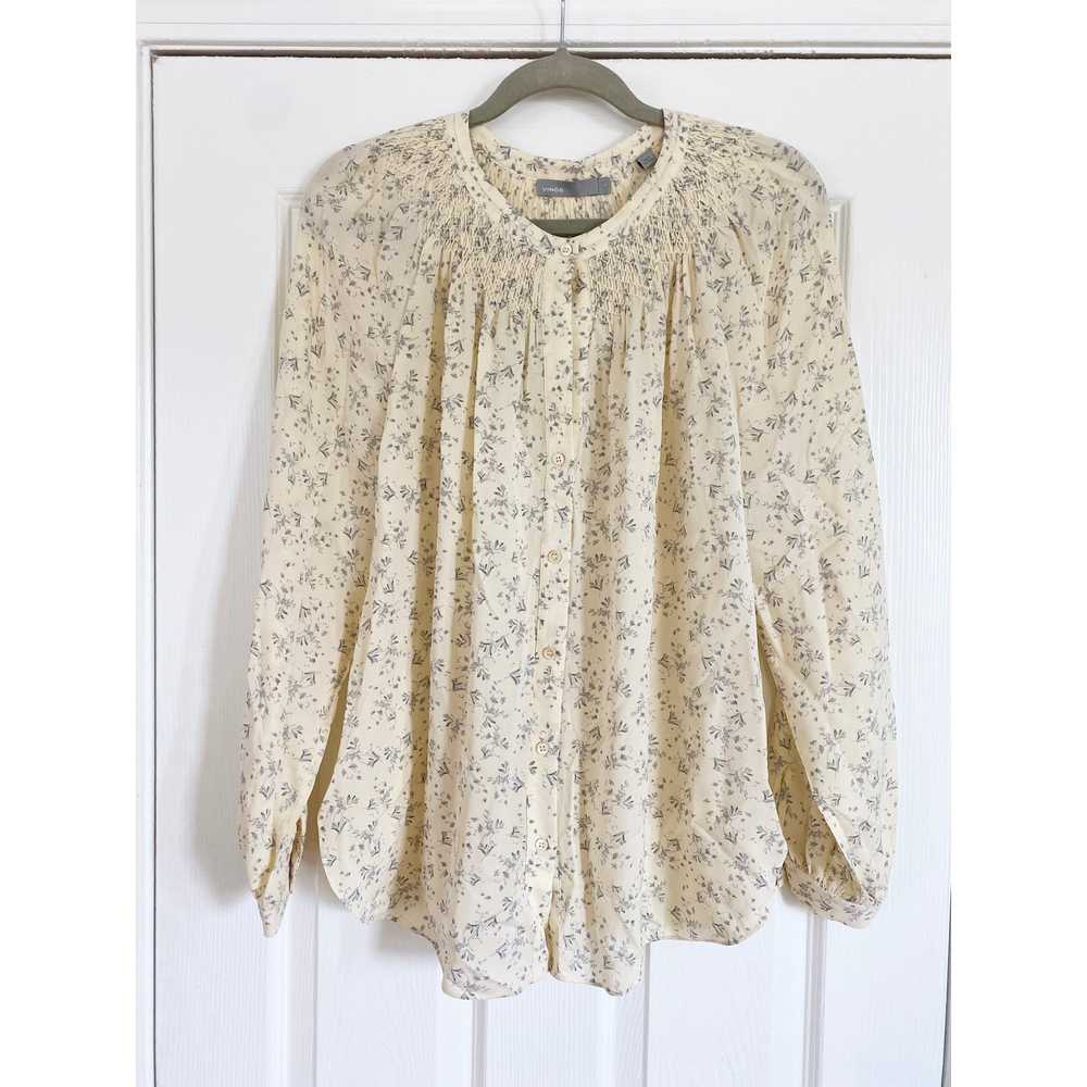 VINCE IVORY FLORAL SMOCKED SILK BLOUSE SMALL S - image 3