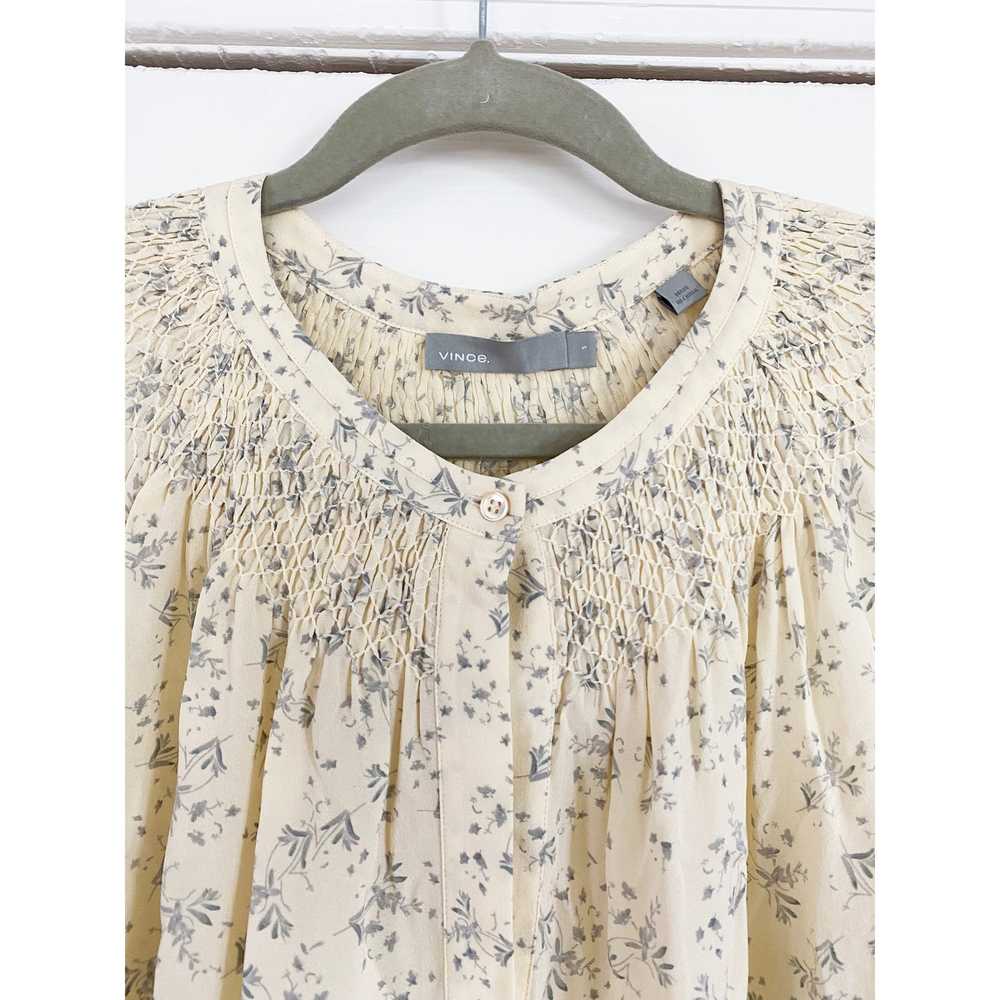 VINCE IVORY FLORAL SMOCKED SILK BLOUSE SMALL S - image 4