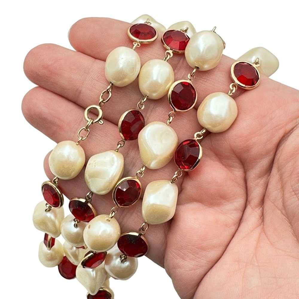 Womans Necklace Red Crystal Faux Pearl 34 Inch Go… - image 1