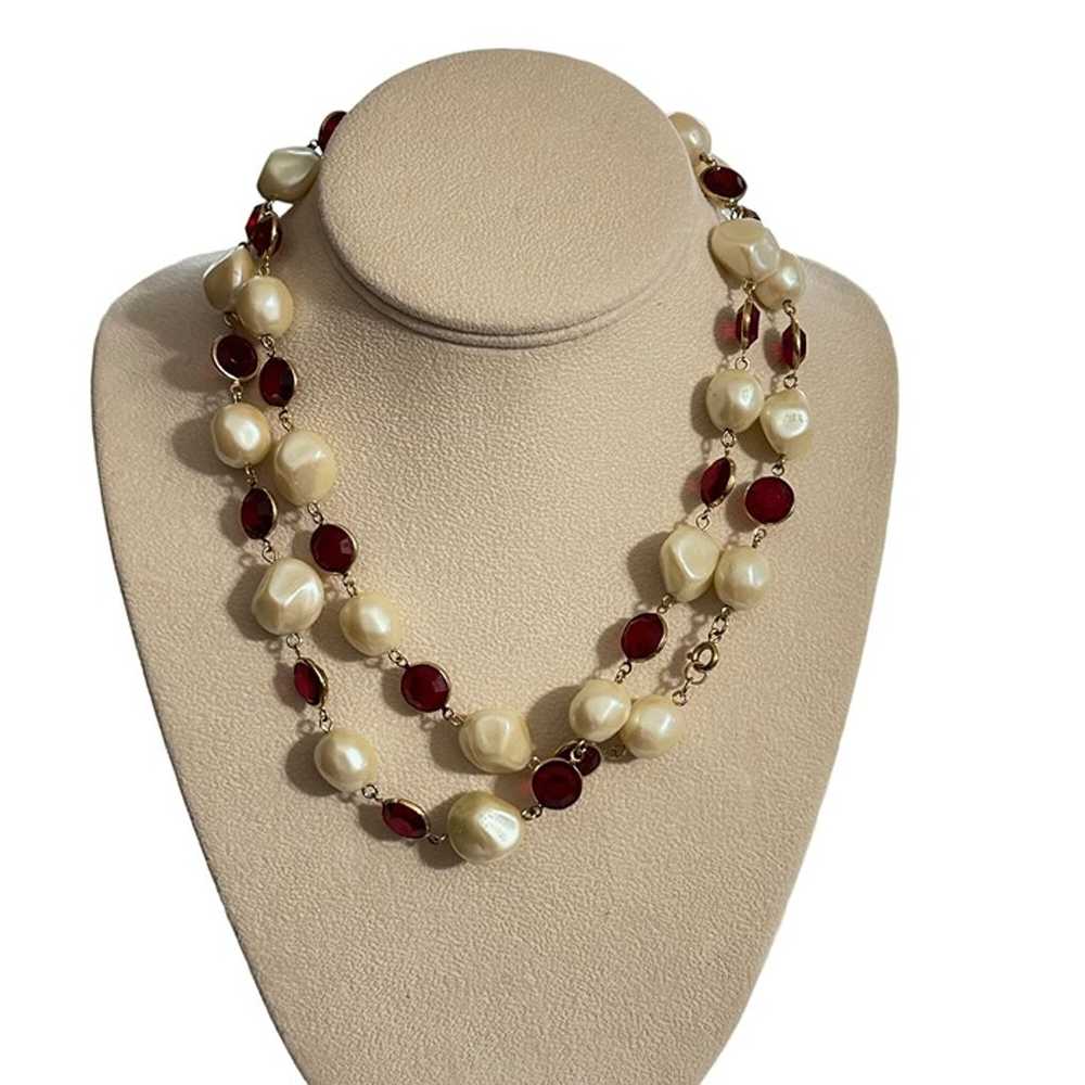 Womans Necklace Red Crystal Faux Pearl 34 Inch Go… - image 2