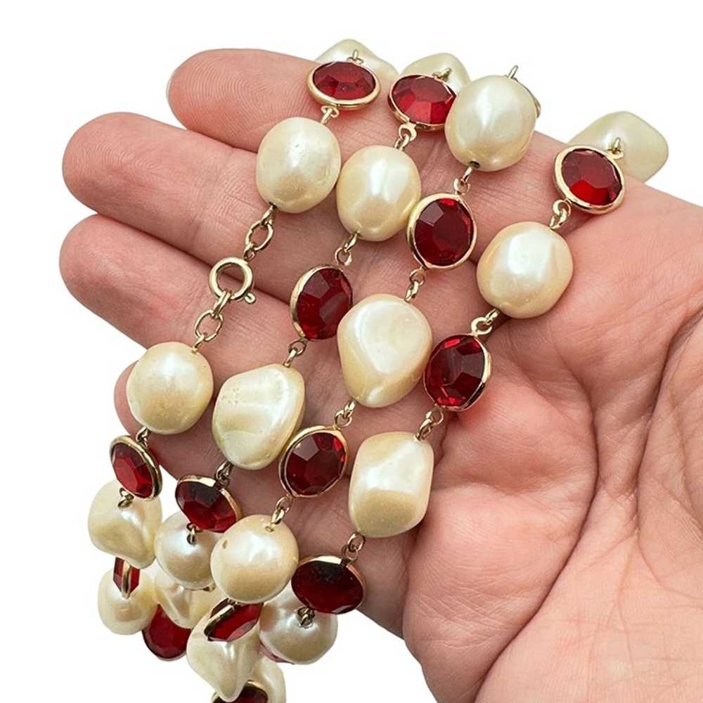 Womans Necklace Red Crystal Faux Pearl 34 Inch Go… - image 4