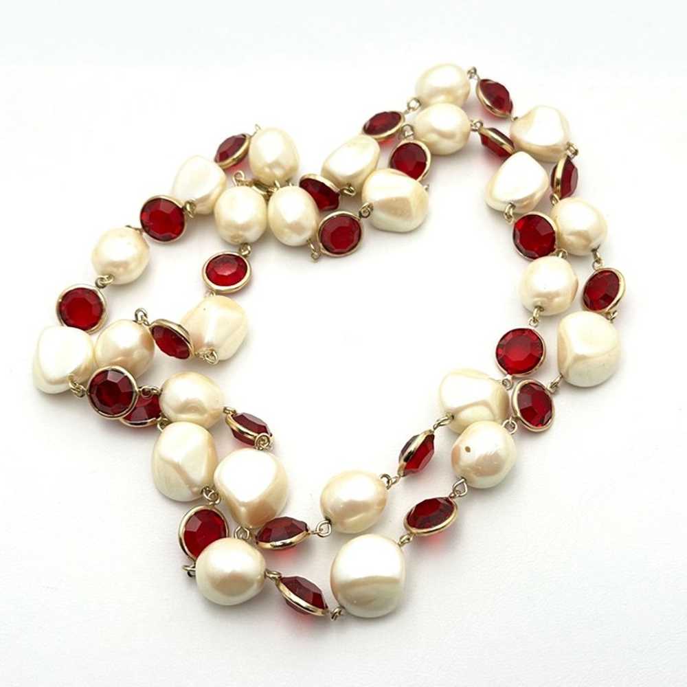 Womans Necklace Red Crystal Faux Pearl 34 Inch Go… - image 5