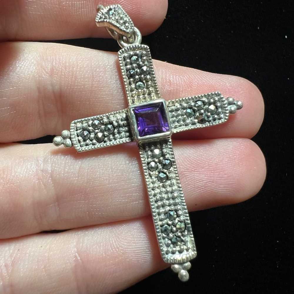 Sterling silver cross pendant with marcasite and … - image 3